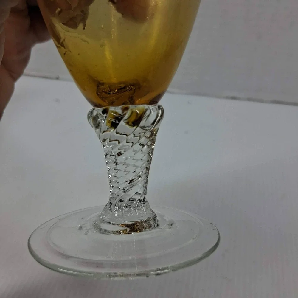 Vintage Amber Hand Blown Glass Bud Vase Twisted Stem Ruffled Rim 7.5 Inch MCM